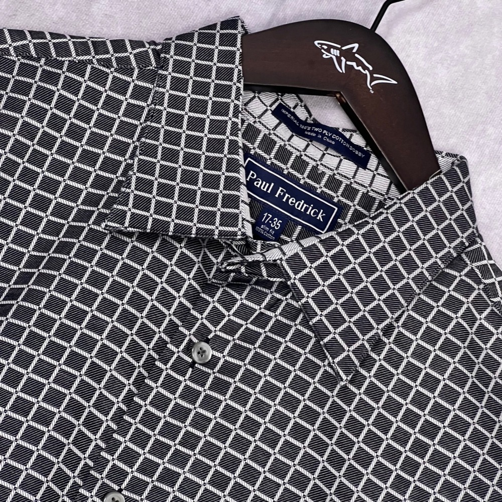 Paul Fredrick Dress Shirt Mens‎ 17-35 Black White Slim Fit Dobby Cotton Grid